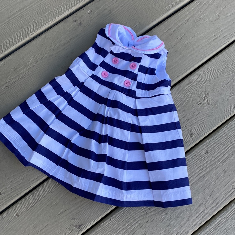NWOT Heartstring Baby - blue/white striped dress, 6-9